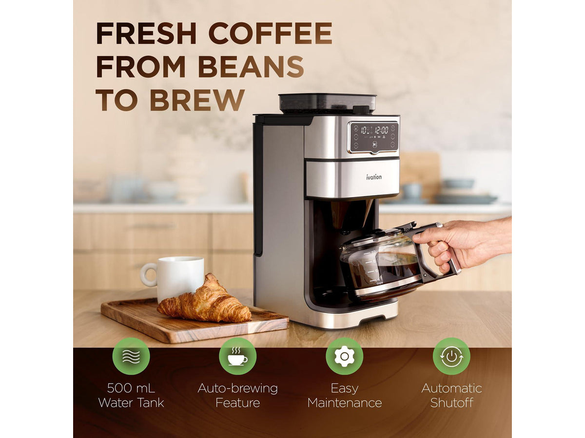 2-in-1 Drip Coffee Maker & Grinder Programmable Auto Brew & Timer - Warming Plate - 10 Cup - Reusable Filter Basket 1.5L Water Tank 1000W - Pause and Pour
