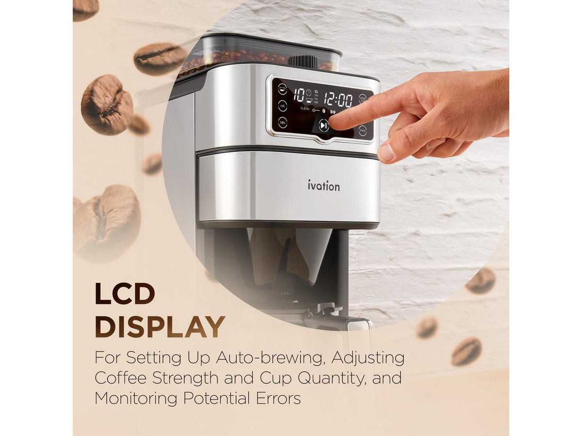 2-in-1 Drip Coffee Maker & Grinder Programmable Auto Brew & Timer - Warming Plate - 10 Cup - Reusable Filter Basket 1.5L Water Tank 1000W - Pause and Pour
