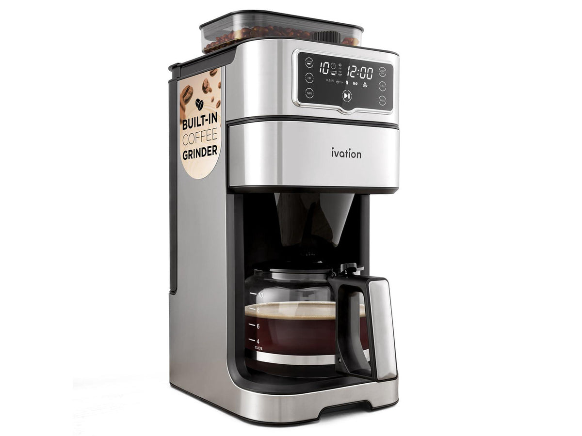 2-in-1 Drip Coffee Maker & Grinder Programmable Auto Brew & Timer - Warming Plate - 10 Cup - Reusable Filter Basket 1.5L Water Tank 1000W - Pause and Pour