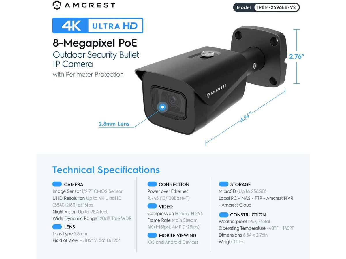 Amcrest UltraHD 4K (8MP) Outdoor Bullet Security IP POE Camera, 98ft NightVision, 2.8mm Lens, IP67 Weatherproof, 256GB MicroSD Recording, Black (IP8M-2496EB-V2)