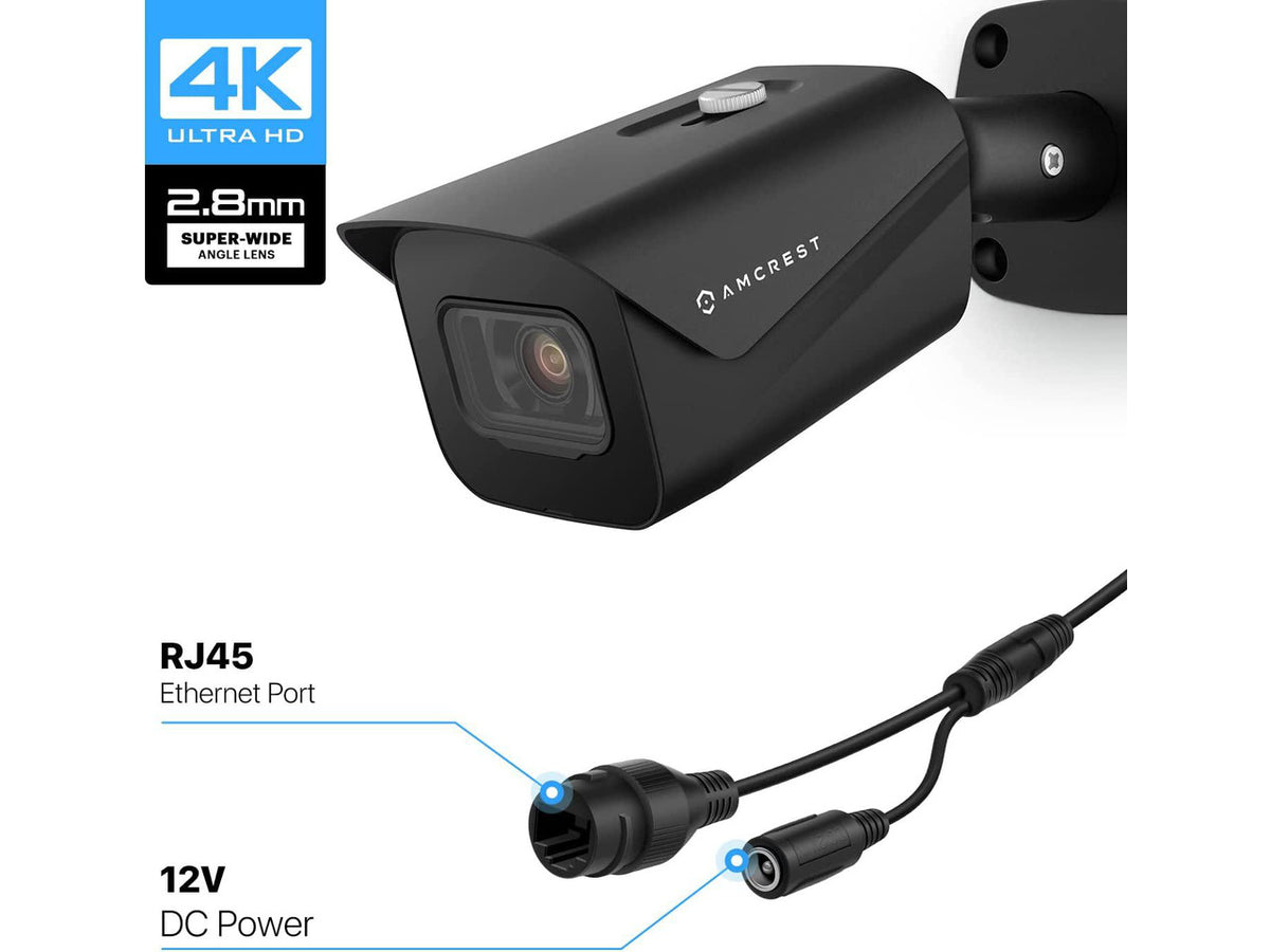 Amcrest UltraHD 4K (8MP) Outdoor Bullet Security IP POE Camera, 98ft NightVision, 2.8mm Lens, IP67 Weatherproof, 256GB MicroSD Recording, Black (IP8M-2496EB-V2)