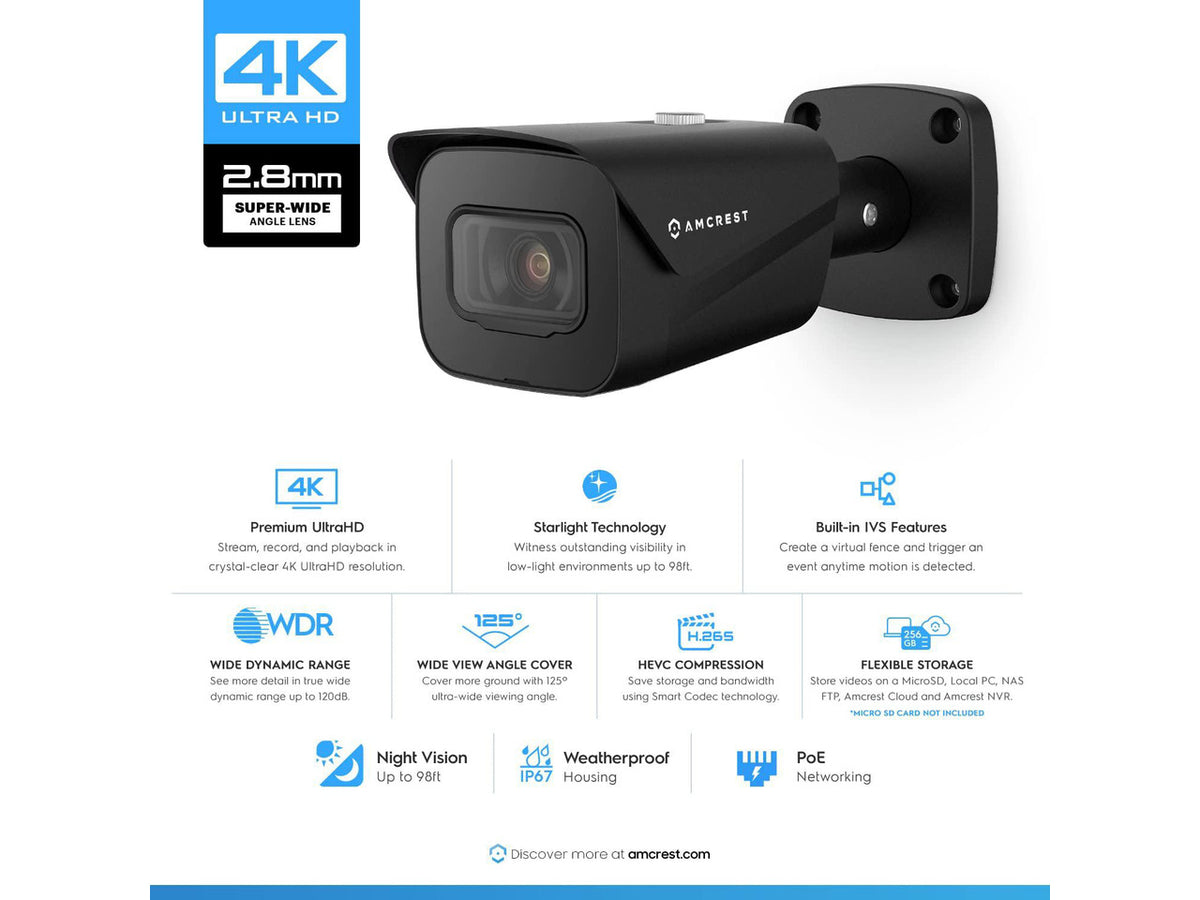 Amcrest UltraHD 4K (8MP) Outdoor Bullet Security IP POE Camera, 98ft NightVision, 2.8mm Lens, IP67 Weatherproof, 256GB MicroSD Recording, Black (IP8M-2496EB-V2)