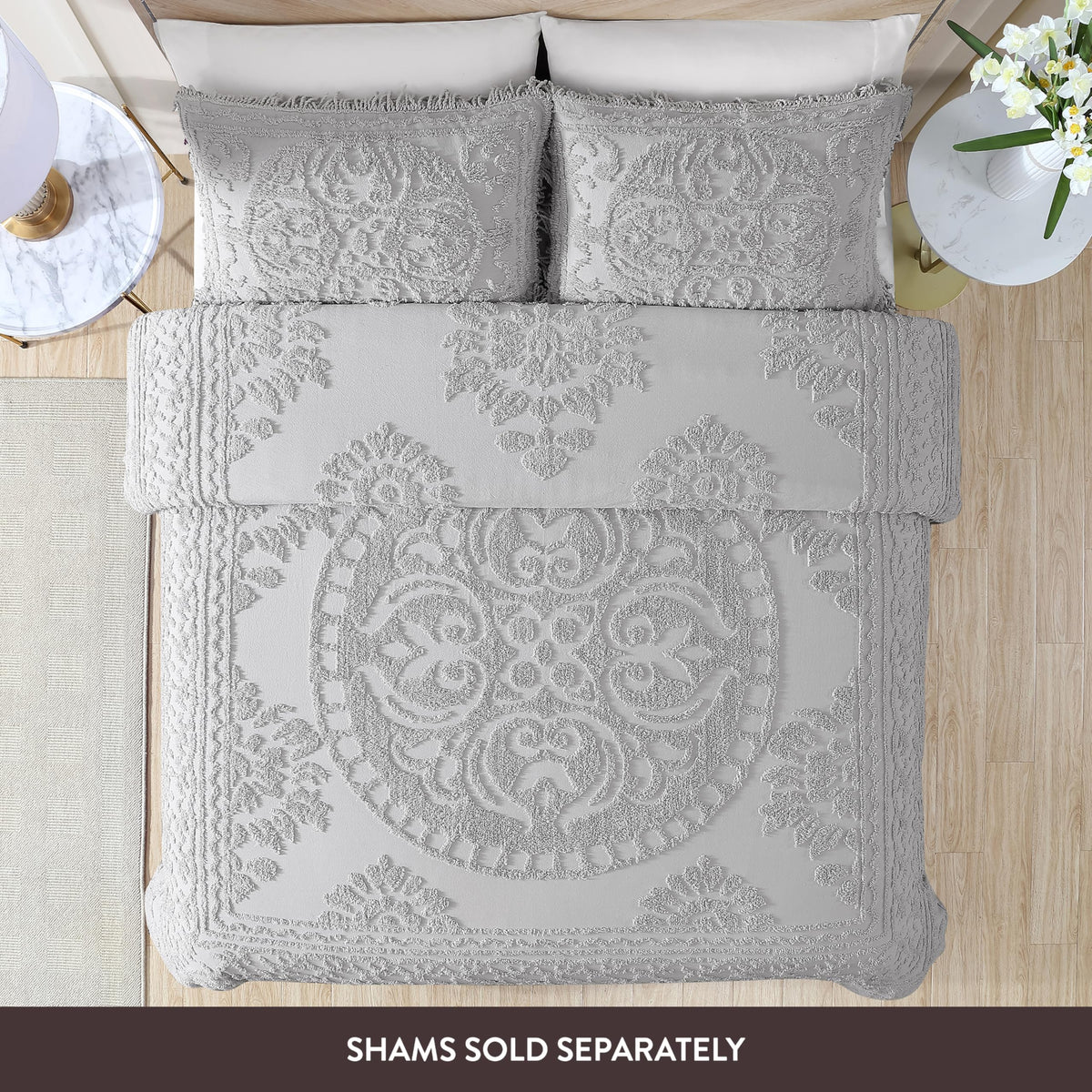 Beatrice Home Fashions Medallion King Cotton Chenille Bedspread, Gray Vintage tufted lightweight soft, cozy plush 100% cotton bedspread with fringed hem and large centered medallion design