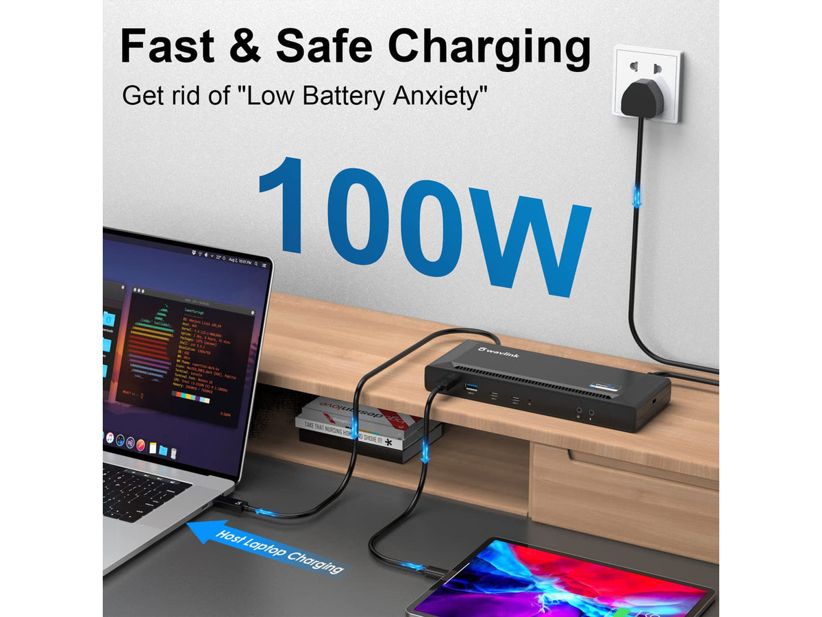 WAVLINK DisplayLink Laptop Docking Station with 100W Charging, Single 5K/Dual 4K@60Hz Display for Windows/New MacBook Neo/MacOS/ChromeOS/Ubuntu ( 2xDP 1.2, 2xHDMI, LAN, 6 USB Ports, Audio/Mic)