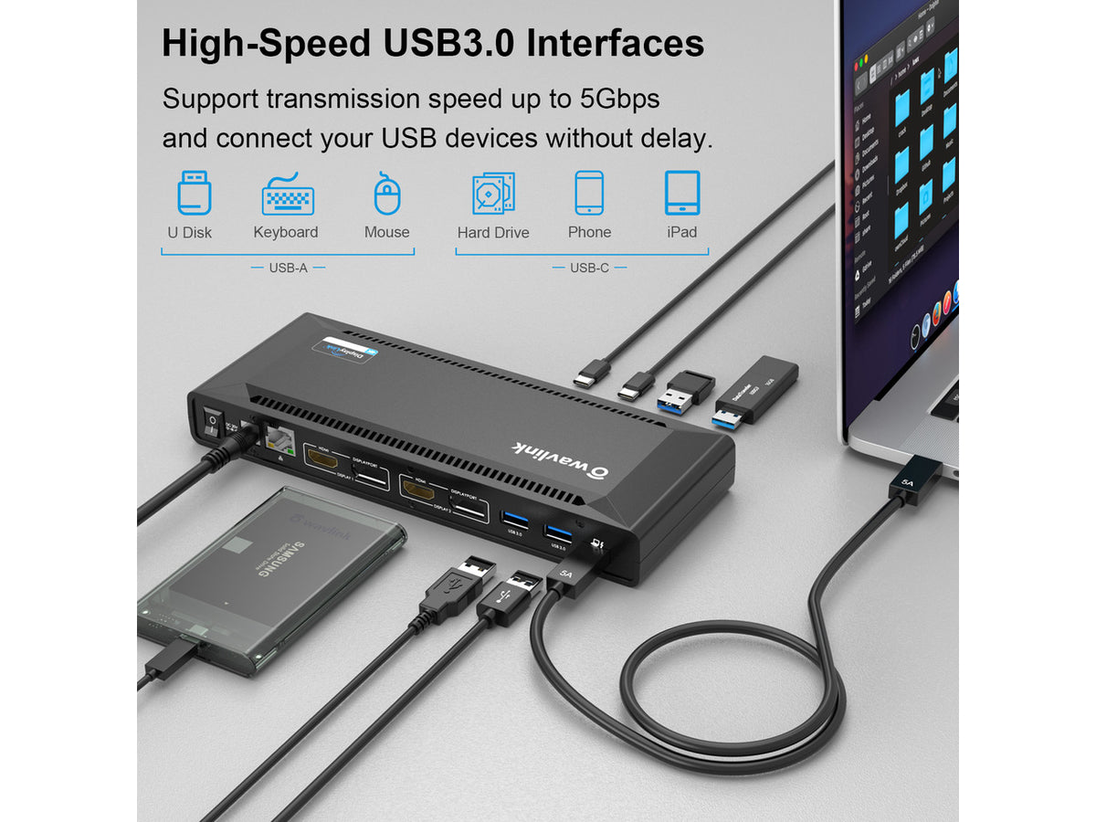 WAVLINK DisplayLink Laptop Docking Station with 100W Charging, Single 5K/Dual 4K@60Hz Display for Windows/New MacBook Neo/MacOS/ChromeOS/Ubuntu ( 2xDP 1.2, 2xHDMI, LAN, 6 USB Ports, Audio/Mic)