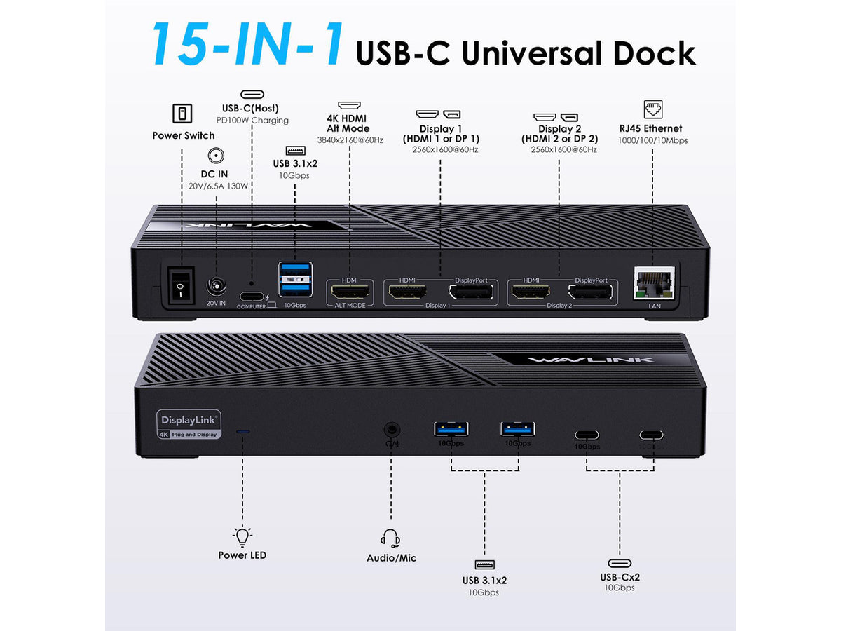 Wavlink USB C Triple Monitor Docking station With 100W Laptop Charging, 3X HDMI, 2X DisplayPort, 6X 10Gbps USB Ports, Gigabit Ethernet, Audio&Mic for New MacBook Neo,MacBook M1/M2/M3/M4, USB4, Windows