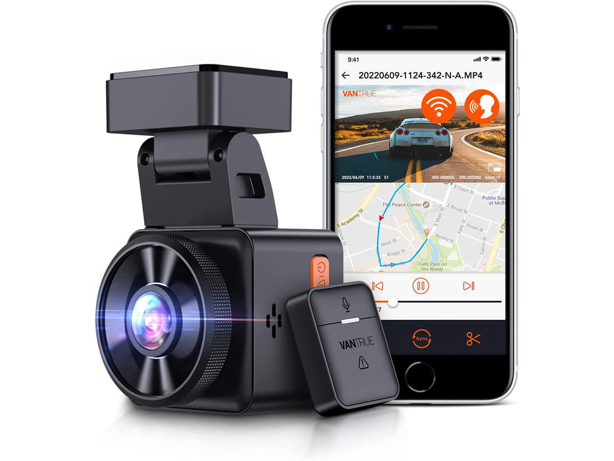 Vantrue E1-G WiFi Mini Dash Cam with Voice Control & GPS, Car Dash Camera with Remote Controller, Super Night Vision, 24 Hours Parking Mode, Buffered Motion Detection, Support 512GB Max