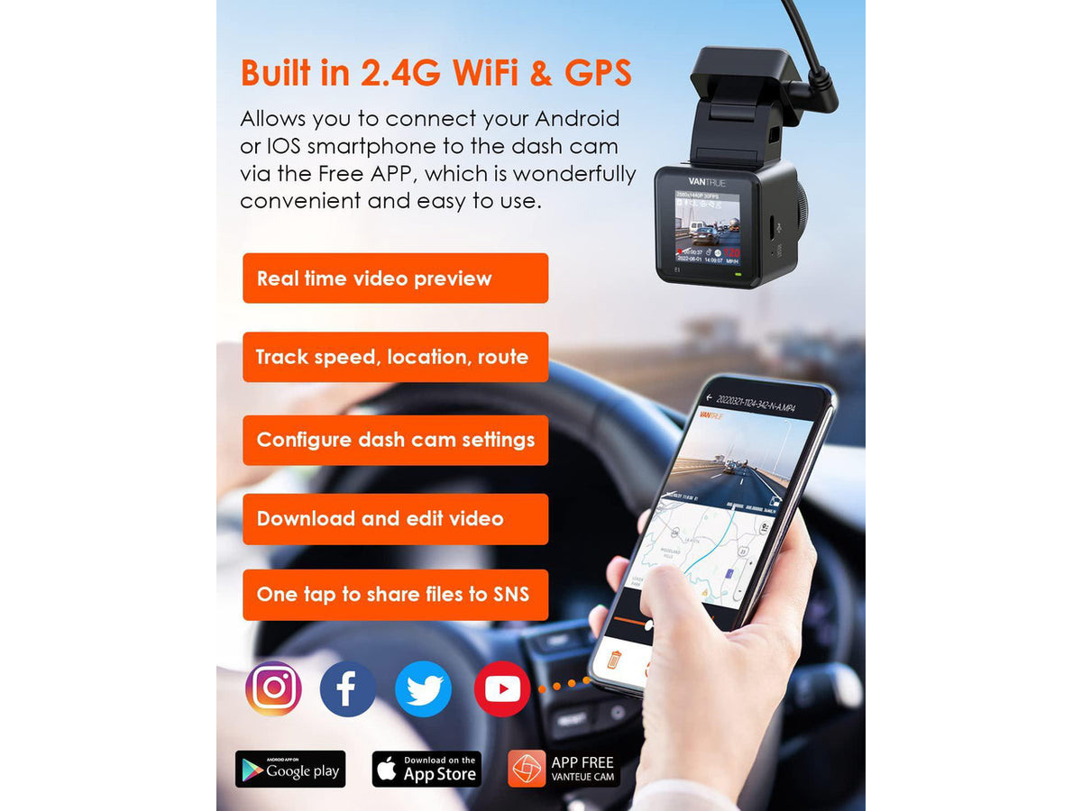 Vantrue E1-G WiFi Mini Dash Cam with Voice Control & GPS, Car Dash Camera with Remote Controller, Super Night Vision, 24 Hours Parking Mode, Buffered Motion Detection, Support 512GB Max