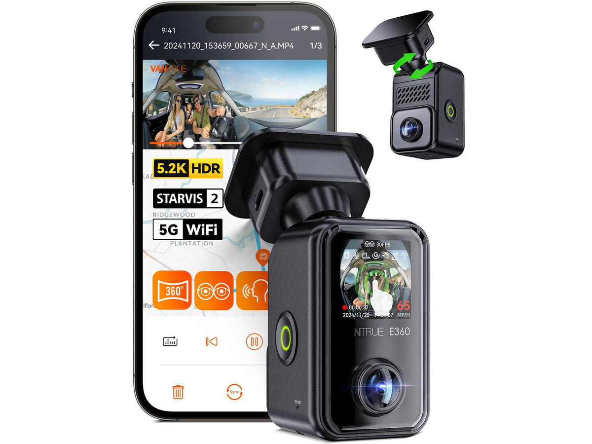 Vantrue E360 5.2K Panoramic Dash Cam: STARVIS 2 Night Vision, WiFi GPS, Voice Control, 24H Parking Mode, 512GB Max