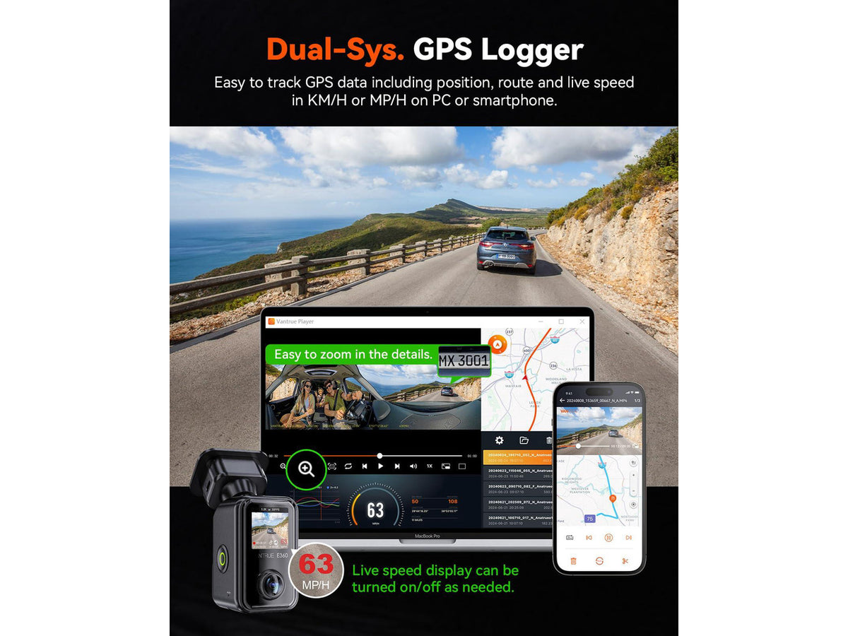 Vantrue E360 5.2K Panoramic Dash Cam: STARVIS 2 Night Vision, WiFi GPS, Voice Control, 24H Parking Mode, 512GB Max