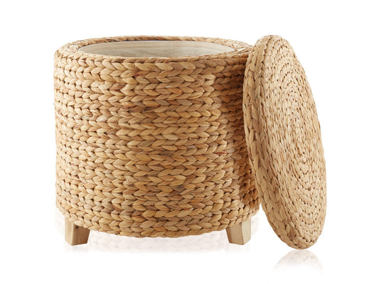 Casafield 17" Round Storage Ottoman with Lid - Natural, Handwoven Water Hyacinth Footstool for Living Room, Bedroom, Bathroom, Home Office