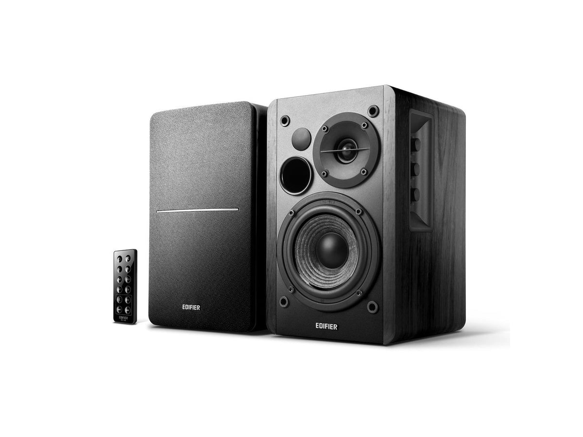 Edifier R1280DB Powered Bluetooth Bookshelf Speakers - Optical Input - Wireless Studio Monitors - 4 Inch Near Field Speaker - 42w RMS - Wood Grain (Black)