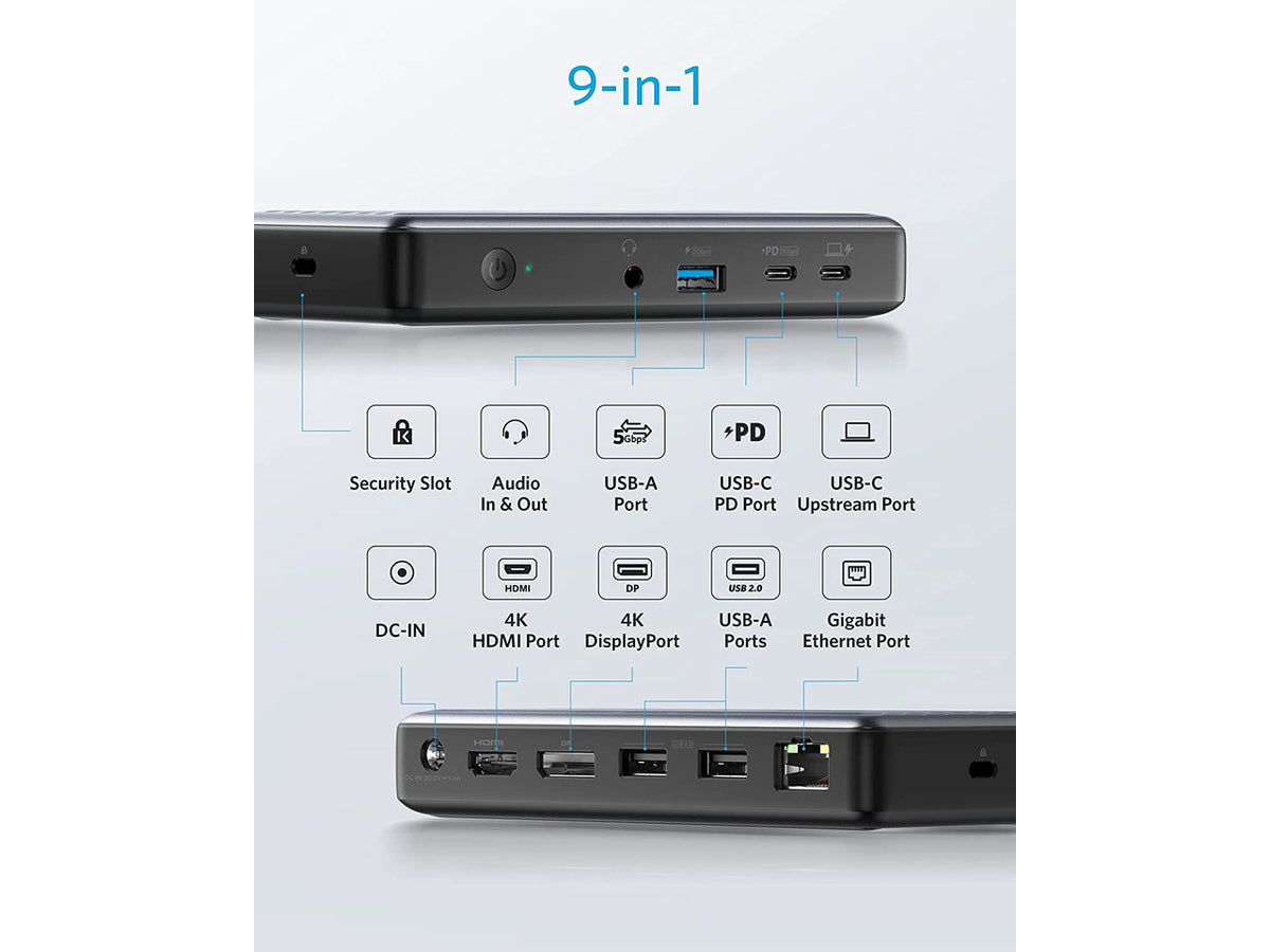 Anker USB C Docking Station, PowerExpand 9-in-1 USB-C PD Dock, 60W Charging for Laptop, 20W Power Delivery Charging, 4K HDMI and DisplayPort, USB 3.0 and USB 2.0 Data, Gigabit Ethernet, 3.5 mm Audio