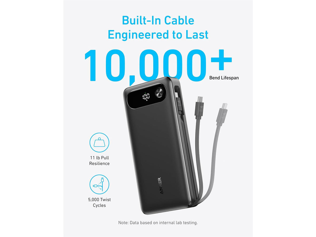 Anker Power Bank, 20,000mAh Portable Charger with Built-in USB-C Cable, 87W Max Fast Charging Battery Pack for Laptop, 2 USB-C and 1 USB-A, for MacBook, iPhone 15 Series, Samsung, Switch, and More