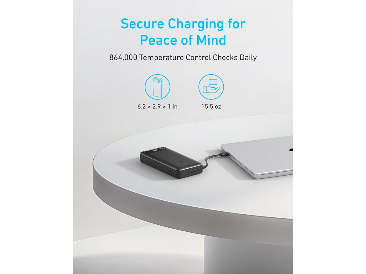 Anker Power Bank, 20,000mAh Portable Charger with Built-in USB-C Cable, 87W Max Fast Charging Battery Pack for Laptop, 2 USB-C and 1 USB-A, for MacBook, iPhone 15 Series, Samsung, Switch, and More