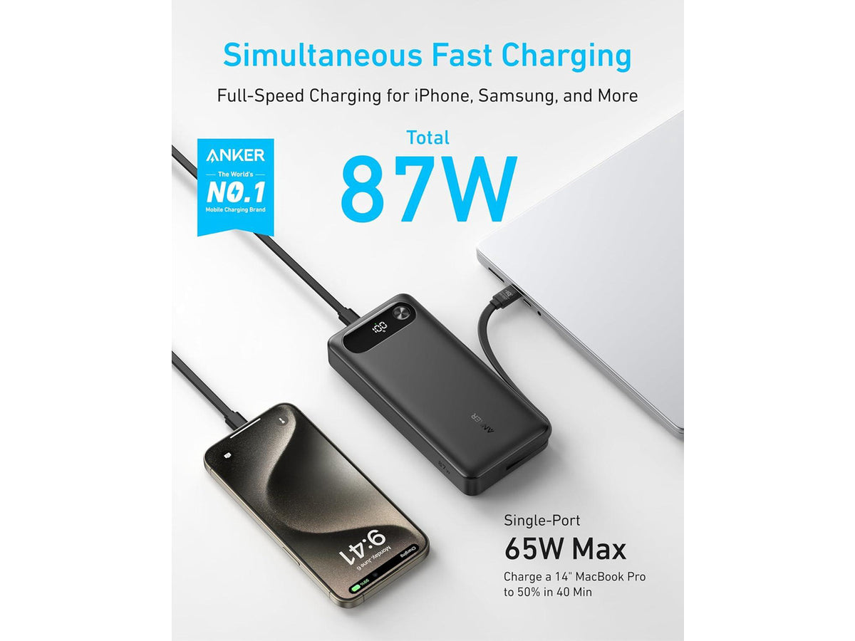 Anker Power Bank, 20,000mAh Portable Charger with Built-in USB-C Cable, 87W Max Fast Charging Battery Pack for Laptop, 2 USB-C and 1 USB-A, for MacBook, iPhone 15 Series, Samsung, Switch, and More