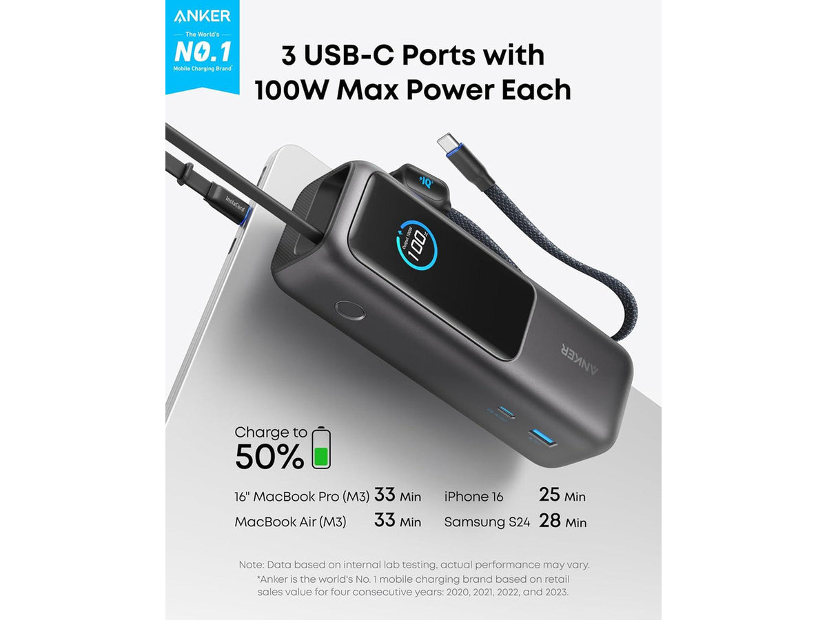 Anker Laptop Power Bank, 25,000mAh Portable Charger with Triple 100W USB-C Ports for Multi-Device Charging, Built-in and Retractable Cables, for iPhone 16/15 Series, MacBook, Samsung, and More
