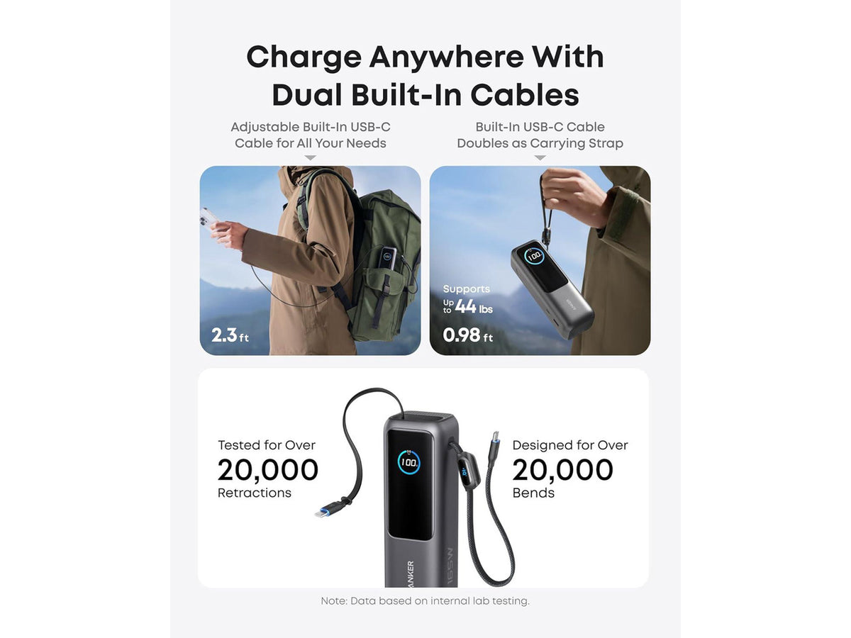 Anker Laptop Power Bank, 25,000mAh Portable Charger with Triple 100W USB-C Ports for Multi-Device Charging, Built-in and Retractable Cables, for iPhone 16/15 Series, MacBook, Samsung, and More