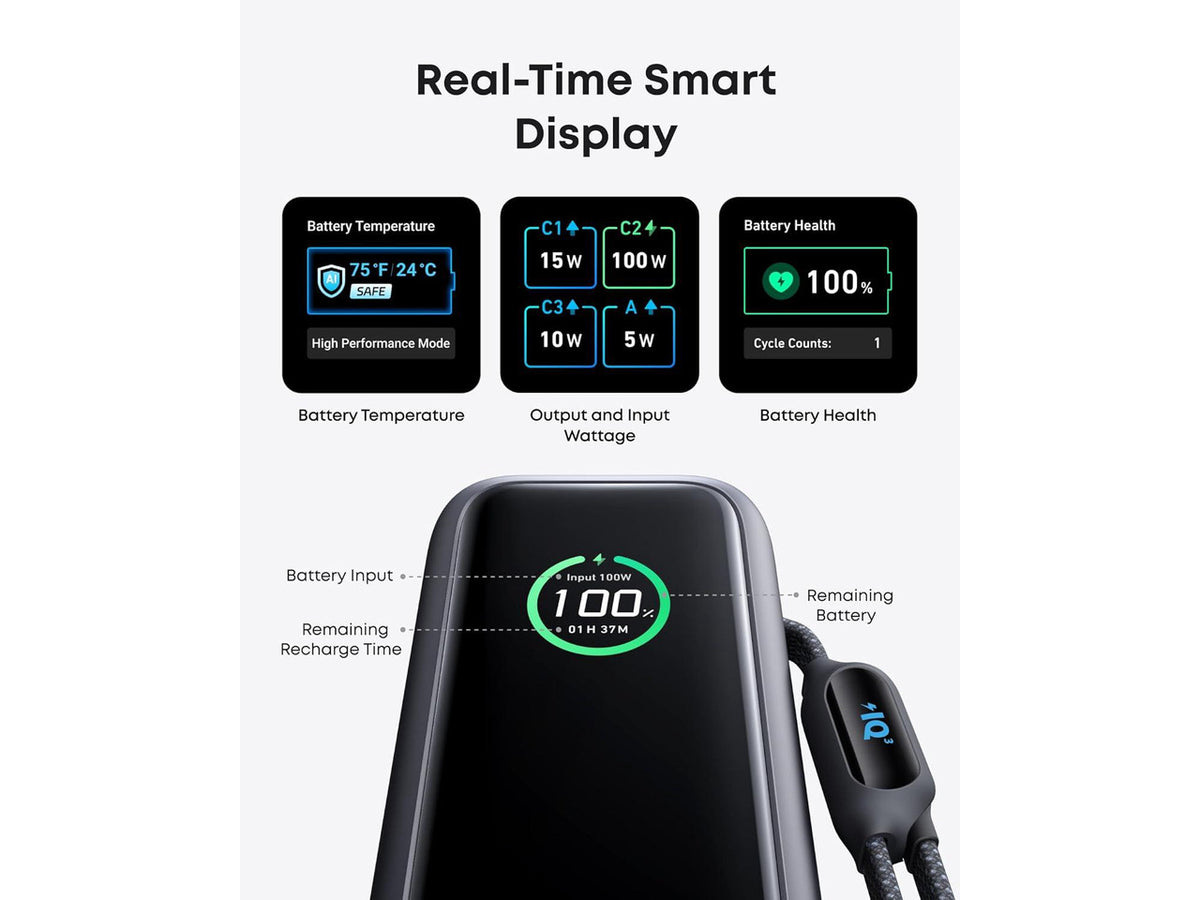 Anker Laptop Power Bank, 25,000mAh Portable Charger with Triple 100W USB-C Ports for Multi-Device Charging, Built-in and Retractable Cables, for iPhone 16/15 Series, MacBook, Samsung, and More