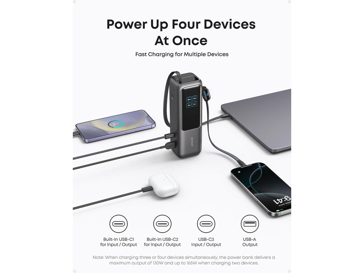 Anker Laptop Power Bank, 25,000mAh Portable Charger with Triple 100W USB-C Ports for Multi-Device Charging, Built-in and Retractable Cables, for iPhone 16/15 Series, MacBook, Samsung, and More