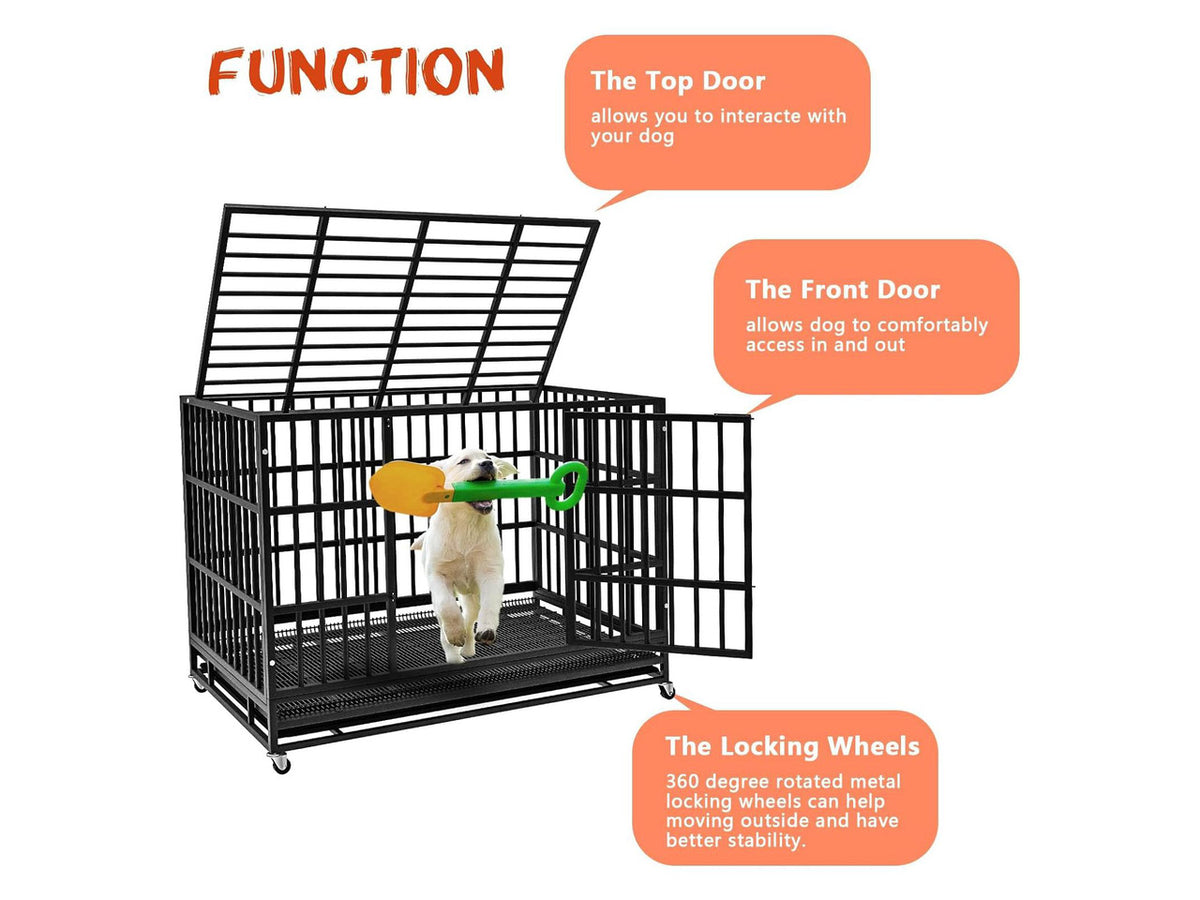 Vitesse 38 inch Heavy Duty Indestructible Dog Crate, Escape Proof Dog Cage Kennel with Lockable Wheels,High Anxiety Double Door Dog Crate,Extra Large Crate Indoor for Large Dog with Removable Tray