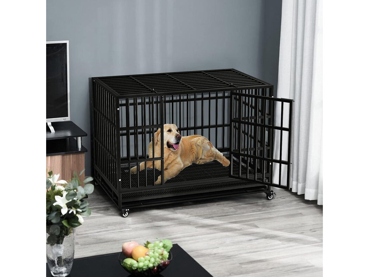 Vitesse 38 inch Heavy Duty Indestructible Dog Crate, Escape Proof Dog Cage Kennel with Lockable Wheels,High Anxiety Double Door Dog Crate,Extra Large Crate Indoor for Large Dog with Removable Tray