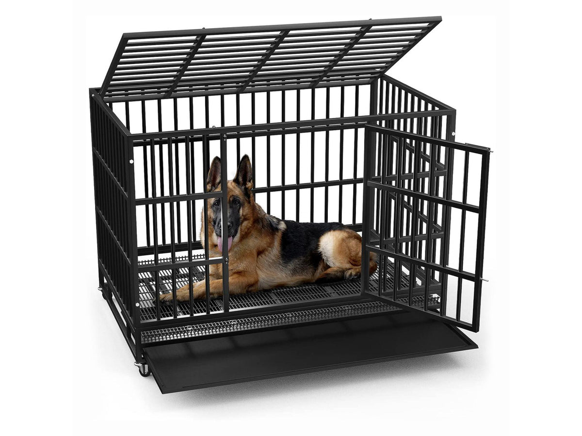 Vitesse 38 inch Heavy Duty Indestructible Dog Crate, Escape Proof Dog Cage Kennel with Lockable Wheels,High Anxiety Double Door Dog Crate,Extra Large Crate Indoor for Large Dog with Removable Tray