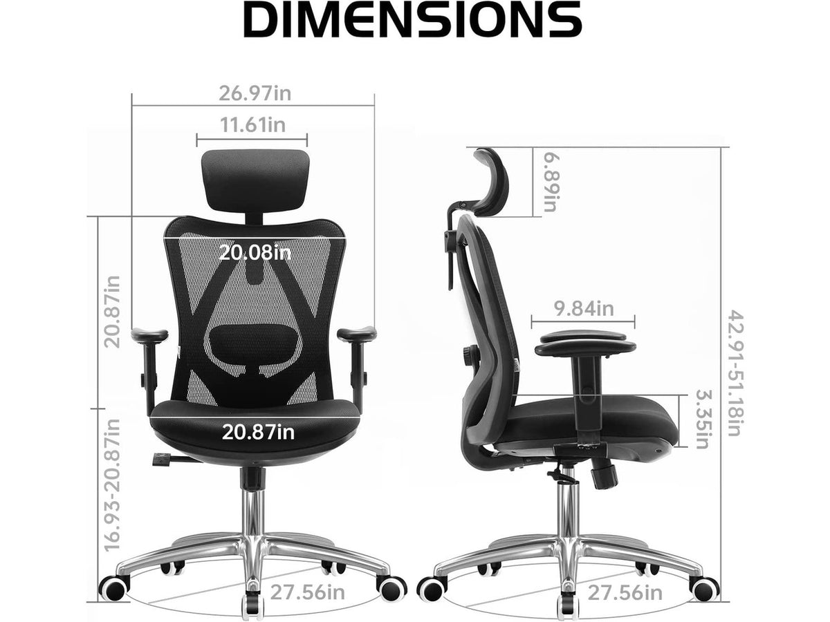 SIHOO High-Back Mesh Office Chair with Lumbar Support, Ergonomic Chair for Desk, Breathable Mesh Adjustable Headrests for Home Office, Black