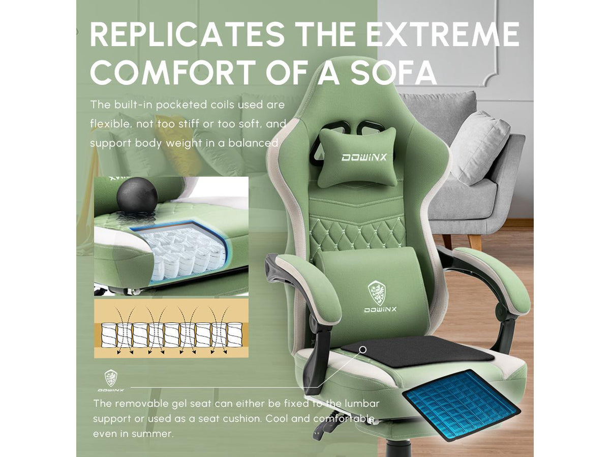 Dowinx Gaming Chair with Pocket Spring Cushion, Breathable Fabric Computer Chair with Gel Pad, Comfortable Office Chair with Storage Bag, Massage Game Chair with Footrest, Green