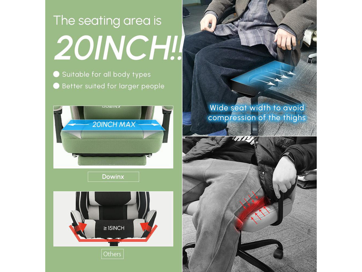 Dowinx Gaming Chair with Pocket Spring Cushion, Breathable Fabric Computer Chair with Gel Pad, Comfortable Office Chair with Storage Bag, Massage Game Chair with Footrest, Green
