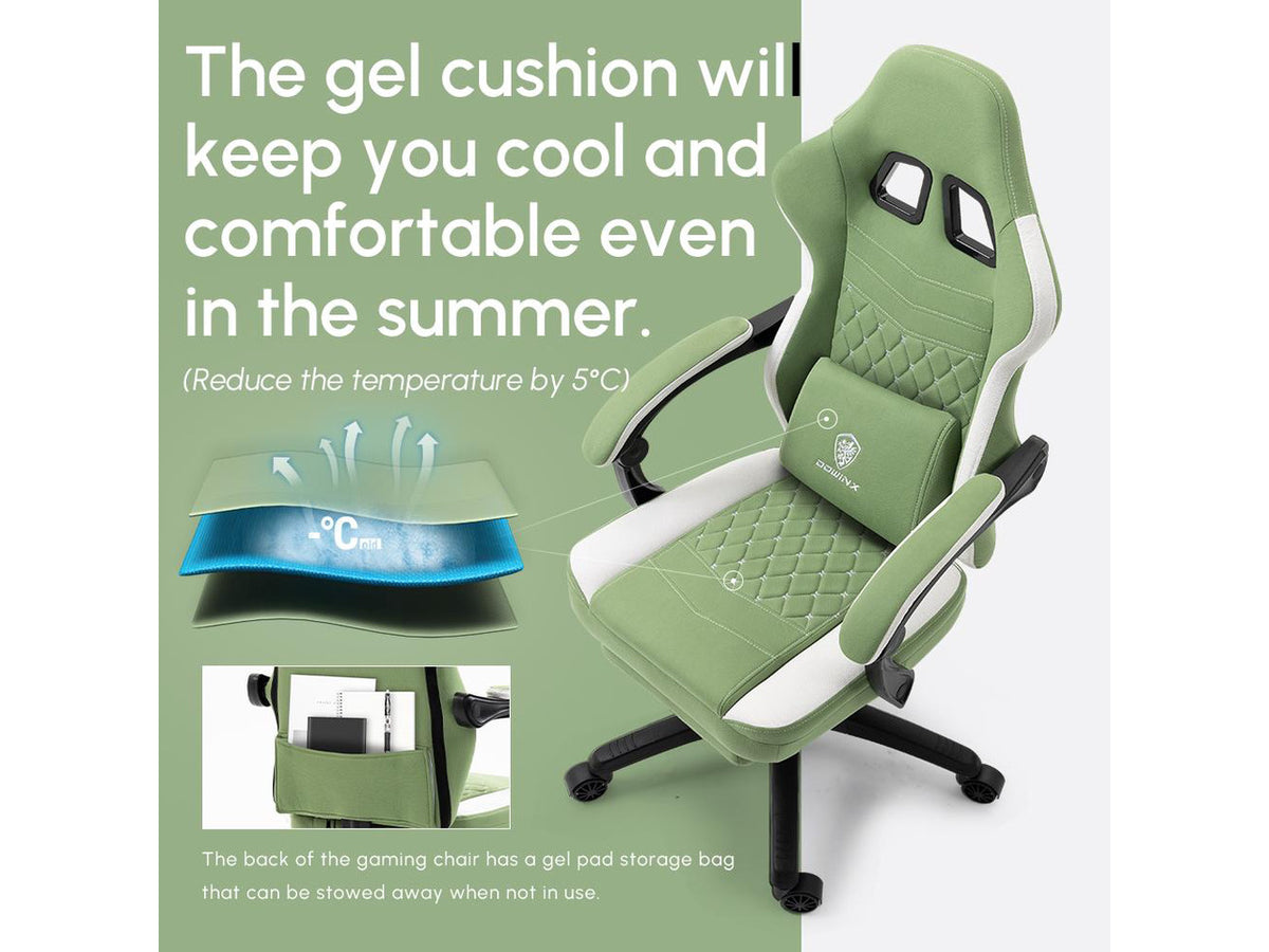 Dowinx Gaming Chair with Pocket Spring Cushion, Breathable Fabric Computer Chair with Gel Pad, Comfortable Office Chair with Storage Bag, Massage Game Chair with Footrest, Green