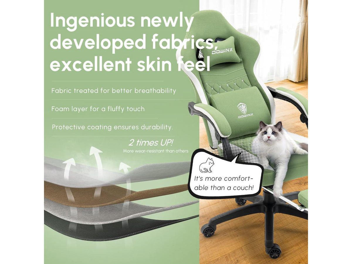 Dowinx Gaming Chair with Pocket Spring Cushion, Breathable Fabric Computer Chair with Gel Pad, Comfortable Office Chair with Storage Bag, Massage Game Chair with Footrest, Green