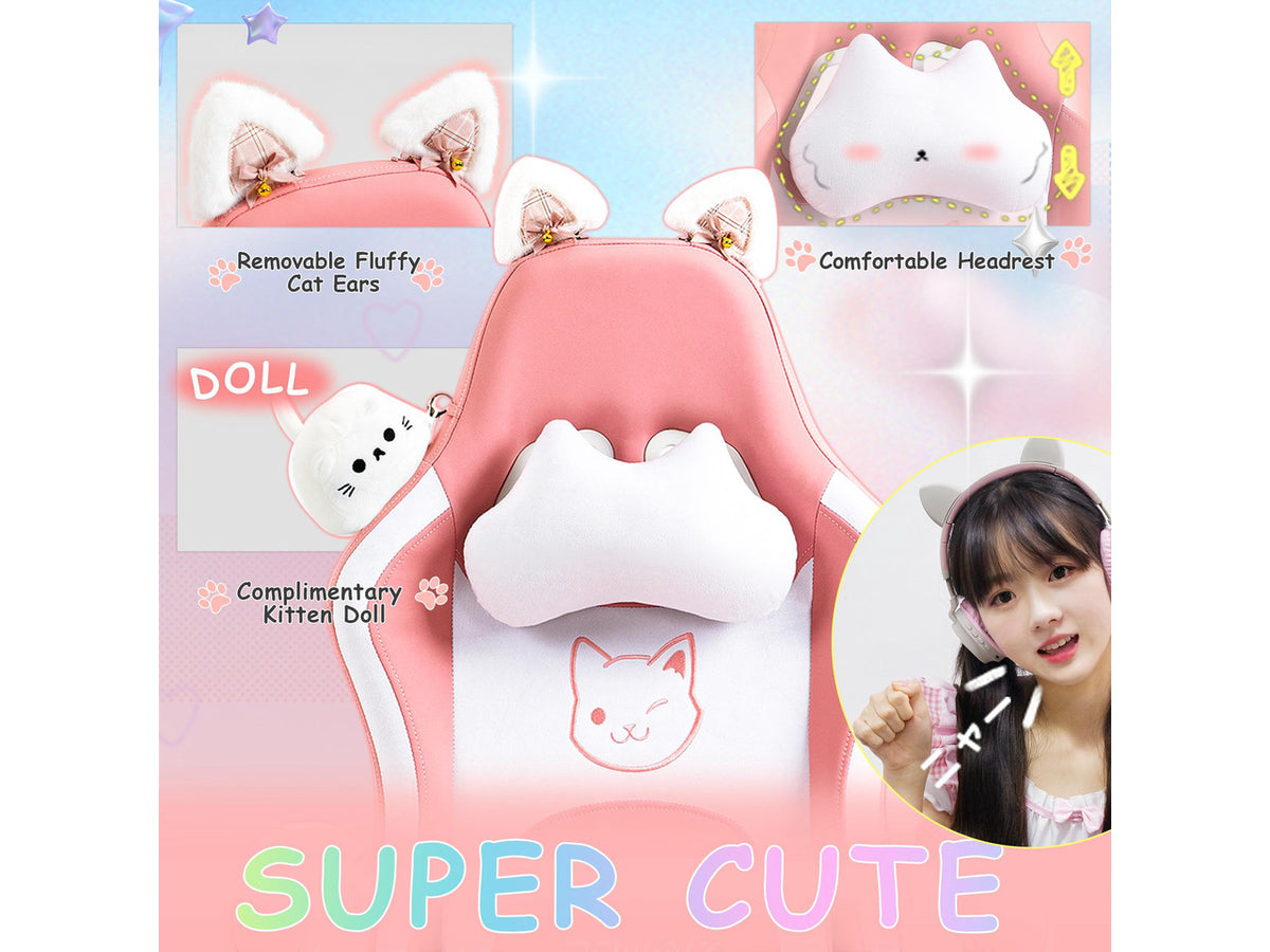 Dowinx Cute Cat-Ear Gaming Chair with Massaging Lumbar Support, Ergonomic Computer Gaming Chair for Girl and Adults, Reclining Comfort Game Chair with Footrest, Pink