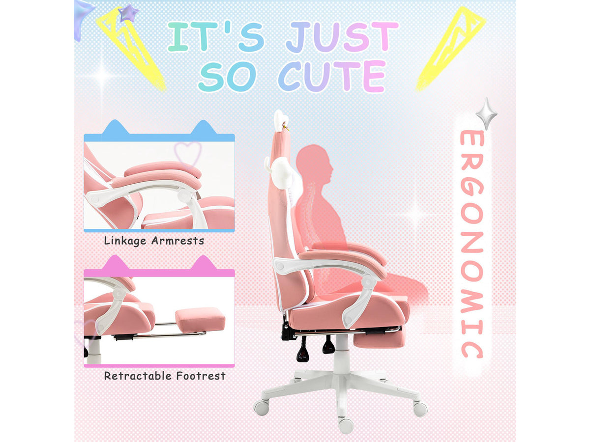 Dowinx Cute Cat-Ear Gaming Chair with Massaging Lumbar Support, Ergonomic Computer Gaming Chair for Girl and Adults, Reclining Comfort Game Chair with Footrest, Pink