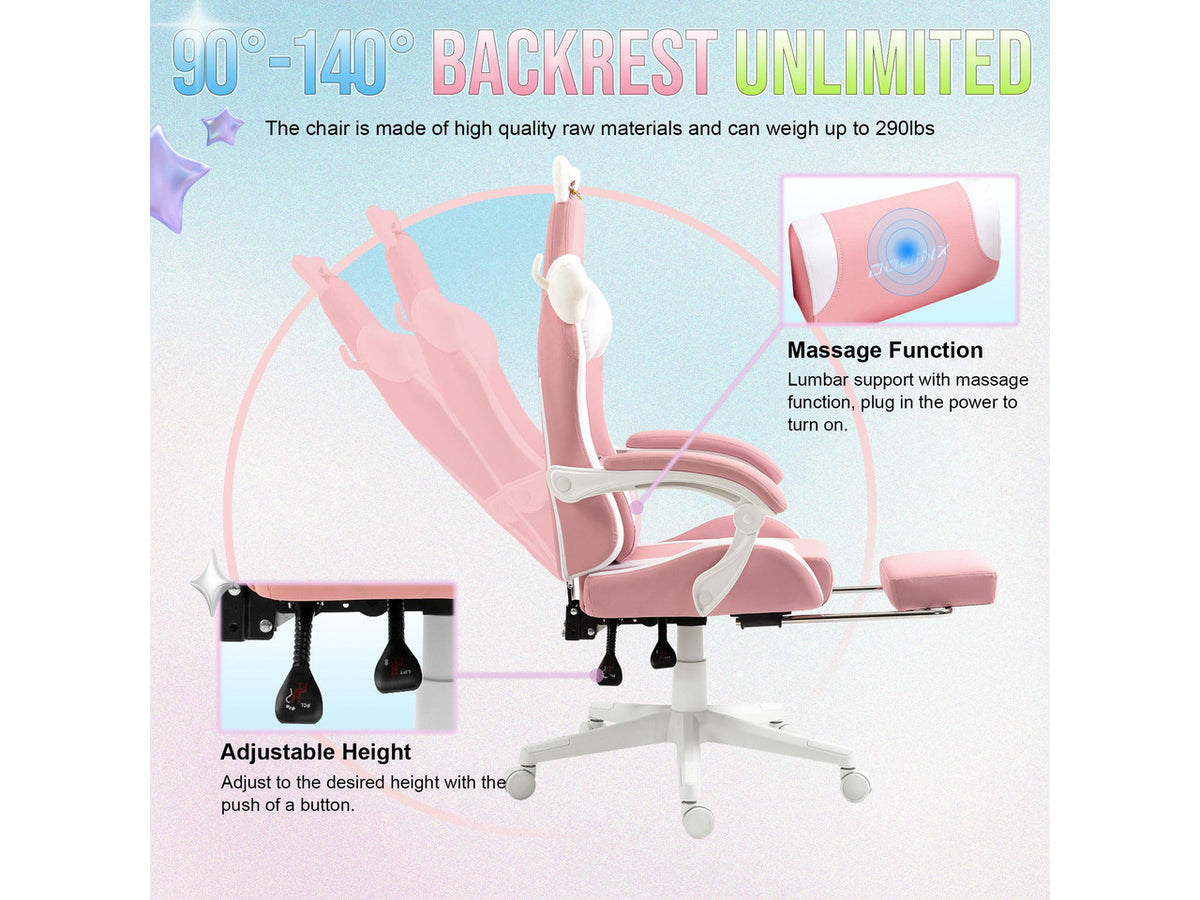 Dowinx Cute Cat-Ear Gaming Chair with Massaging Lumbar Support, Ergonomic Computer Gaming Chair for Girl and Adults, Reclining Comfort Game Chair with Footrest, Pink
