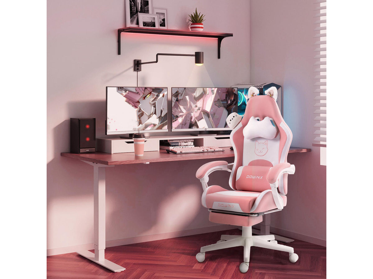 Dowinx Cute Cat-Ear Gaming Chair with Massaging Lumbar Support, Ergonomic Computer Gaming Chair for Girl and Adults, Reclining Comfort Game Chair with Footrest, Pink