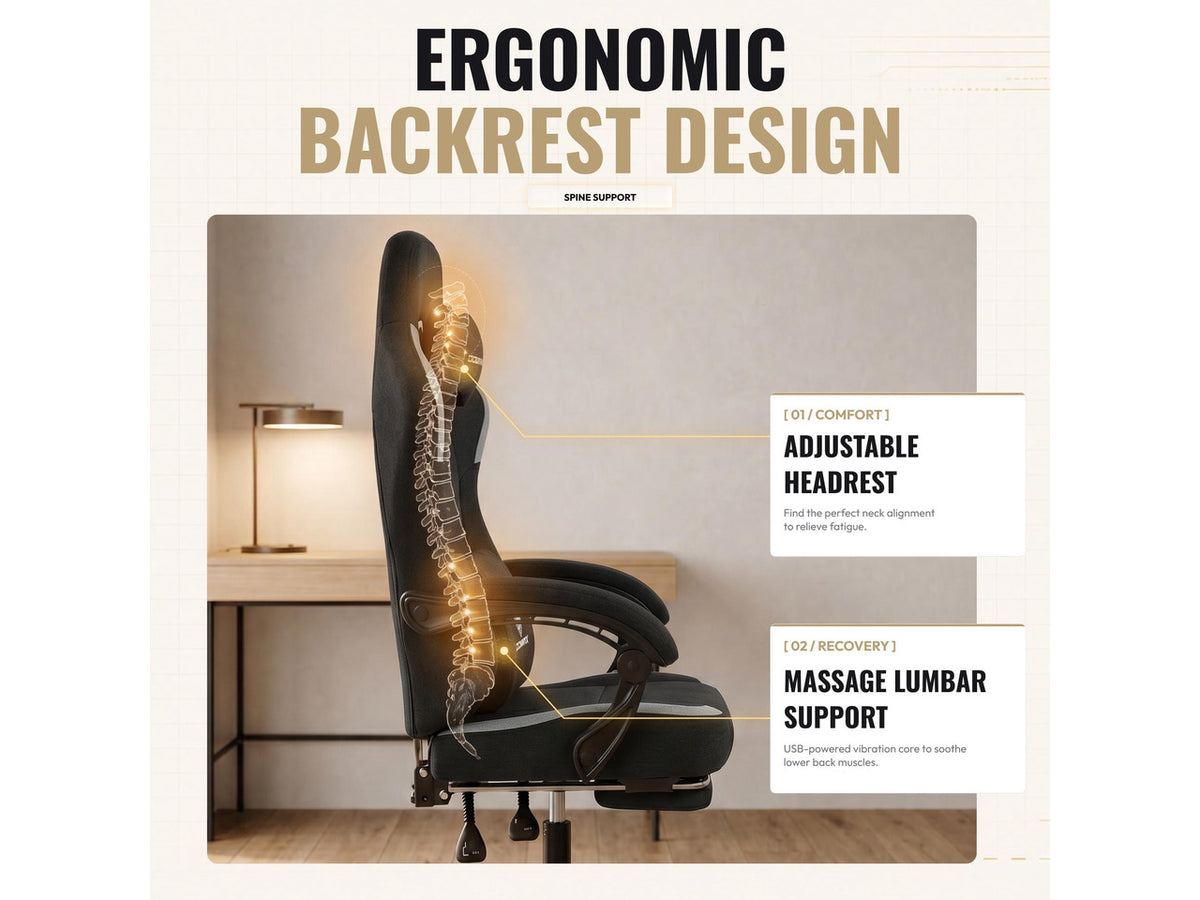 Dowinx Ergonomic Gaming Chair,Reclining Computer Chair with Adjustable Footrest & Headrest,Office Chair with Breathable Fabric,Desk Chair with Wide Cushion,Black