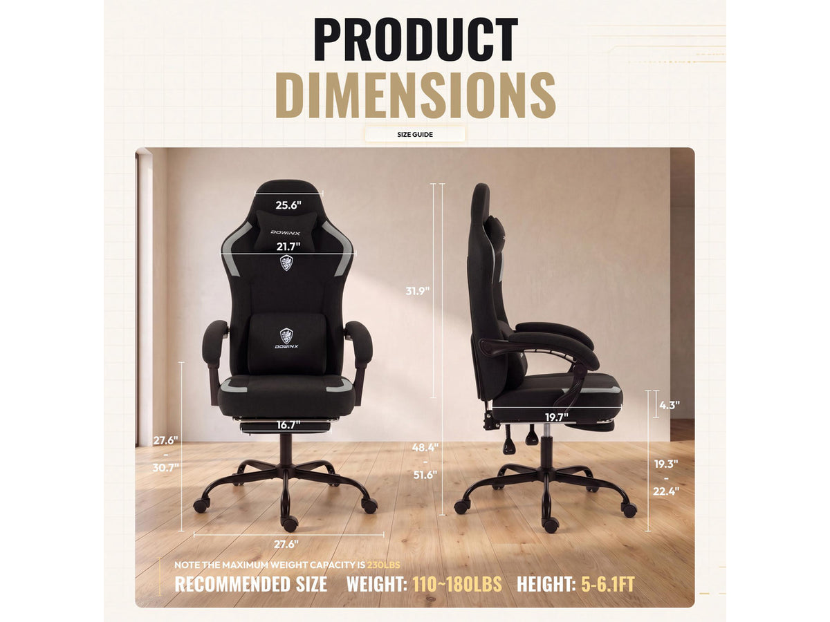 Dowinx Ergonomic Gaming Chair,Reclining Computer Chair with Adjustable Footrest & Headrest,Office Chair with Breathable Fabric,Desk Chair with Wide Cushion,Black