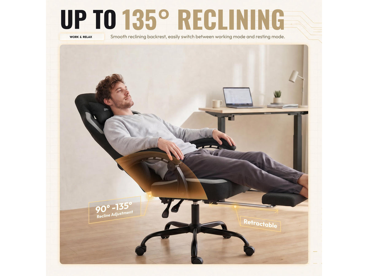 Dowinx Ergonomic Gaming Chair,Reclining Computer Chair with Adjustable Footrest & Headrest,Office Chair with Breathable Fabric,Desk Chair with Wide Cushion,Black