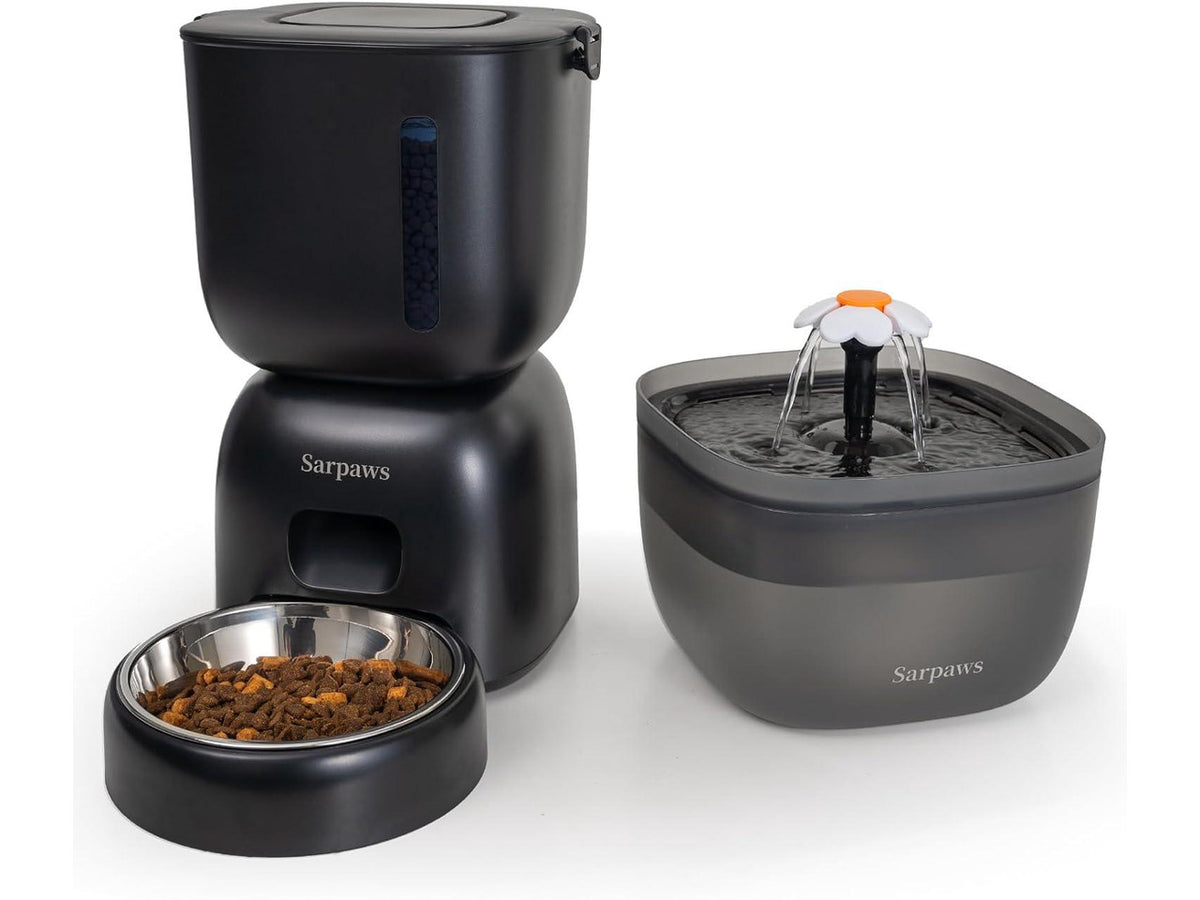 Automatic Cat Feeder and Cat Water Dispenser FW1, Wire or Battery Cat Food Dispenser Timer Pet Feeder - Locking Lid, Desiccant Bag, Programmable Portion Control, 4 Daily Meals, 10s Voice Recorder