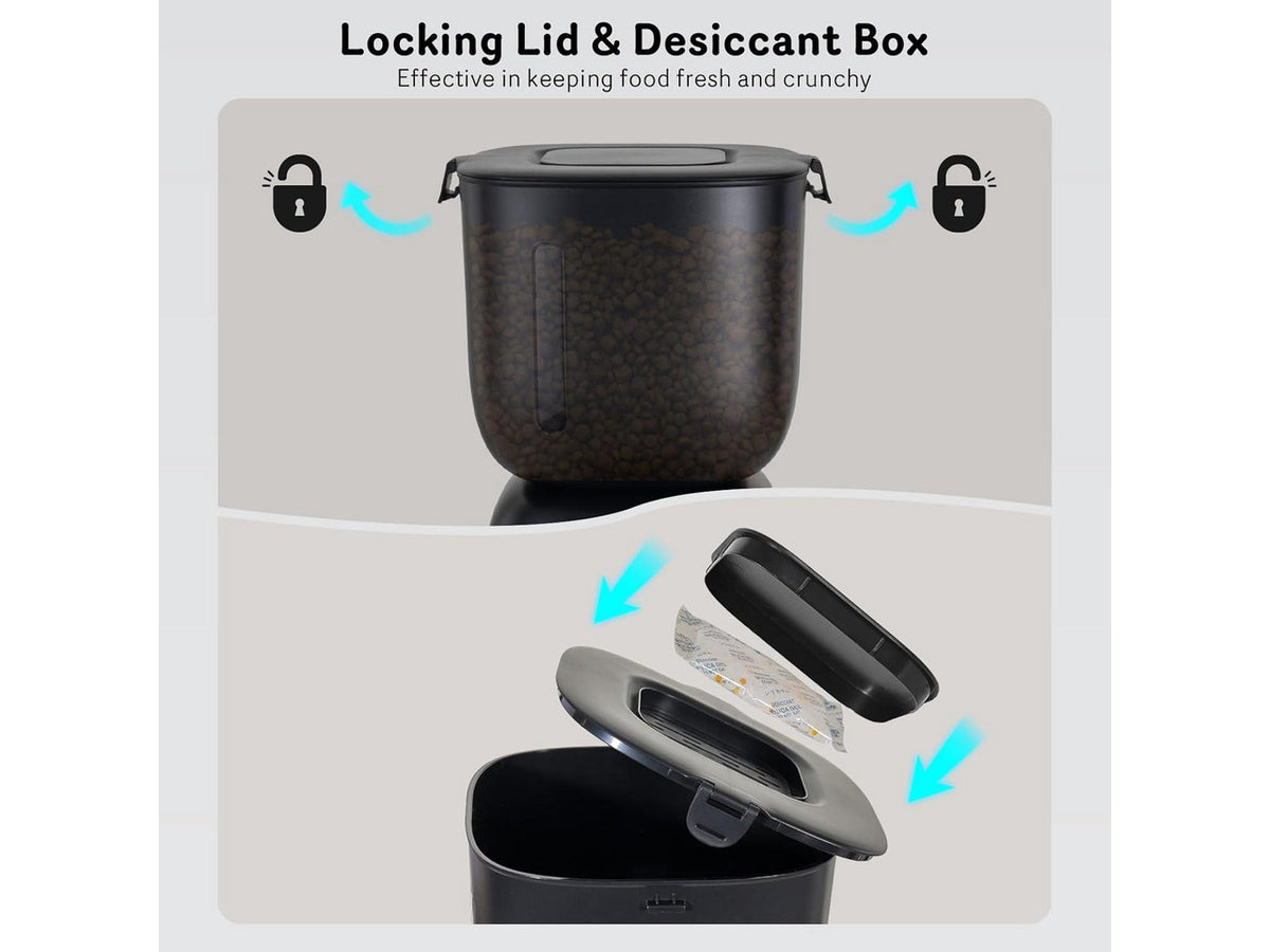 Automatic Cat Feeder and Cat Water Dispenser FW1, Wire or Battery Cat Food Dispenser Timer Pet Feeder - Locking Lid, Desiccant Bag, Programmable Portion Control, 4 Daily Meals, 10s Voice Recorder