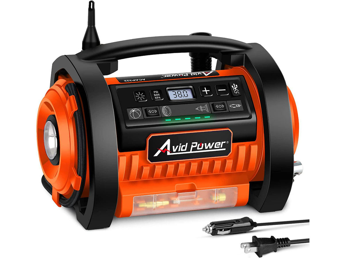 AVID POWER Tire Inflator Portable Air Compressor, 12V DC / 110V AC Car Tire Pump, Air Mattress Pump with Inflation and Deflation Modes, Dual Powerful Motors, Digital Pressure Gauge