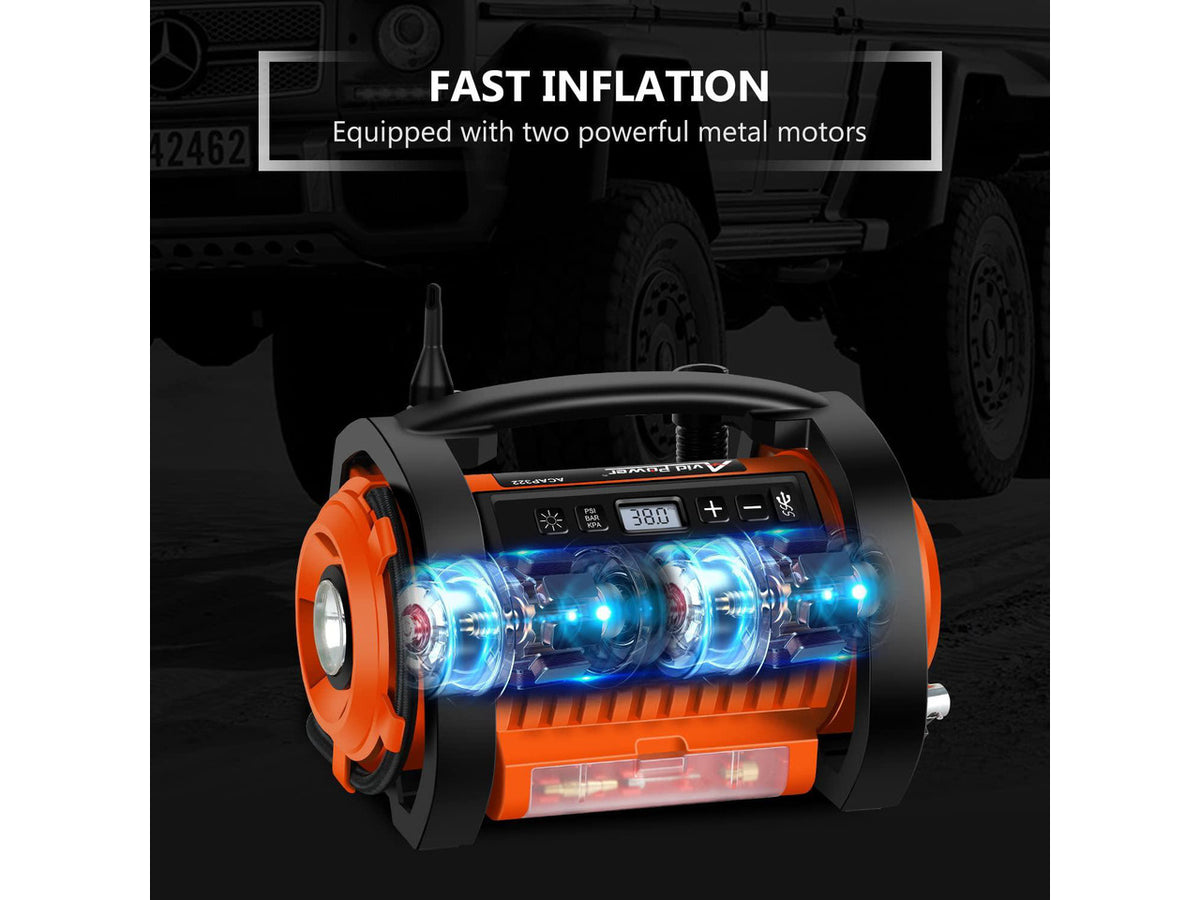 AVID POWER Tire Inflator Portable Air Compressor, 12V DC / 110V AC Car Tire Pump, Air Mattress Pump with Inflation and Deflation Modes, Dual Powerful Motors, Digital Pressure Gauge