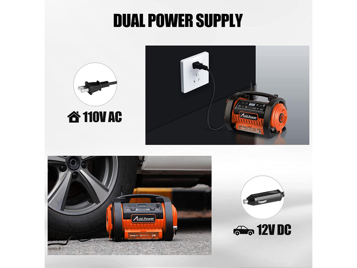 AVID POWER Tire Inflator Portable Air Compressor, 12V DC / 110V AC Car Tire Pump, Air Mattress Pump with Inflation and Deflation Modes, Dual Powerful Motors, Digital Pressure Gauge
