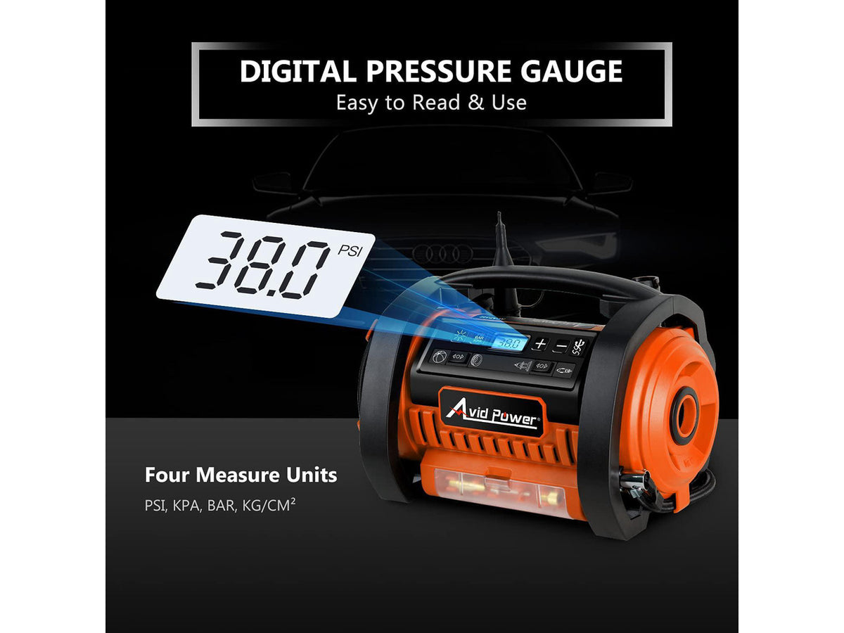 AVID POWER Tire Inflator Portable Air Compressor, 12V DC / 110V AC Car Tire Pump, Air Mattress Pump with Inflation and Deflation Modes, Dual Powerful Motors, Digital Pressure Gauge