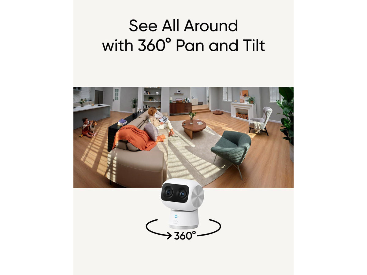 eufy Security Indoor Cam S350, Dual Cameras, 4K UHD Resolution Security Camera with 8× Zoom and 360° PTZ, Human/Pet AI, Ideal for Baby Monitor/Pet Camera/Home Security, Dual-Band Wi-Fi 6, Plug in