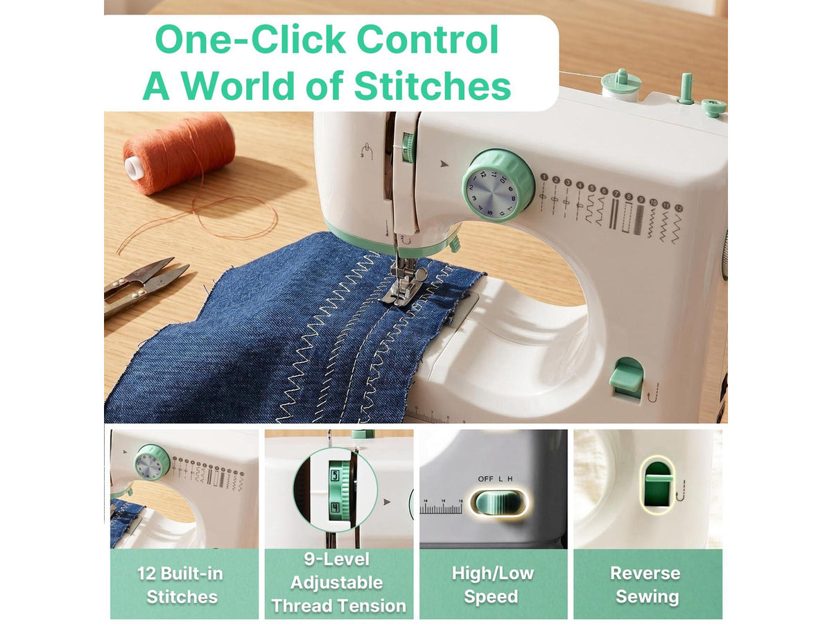 Sewing Machine for Beginners, 12 Built-In Stitches, 2-Speed Portable Mini Sewing Machine with 48Pcs Accessory Kit, Foot Pedal, Storage Drawer for Home DIY, Mending & Crafting