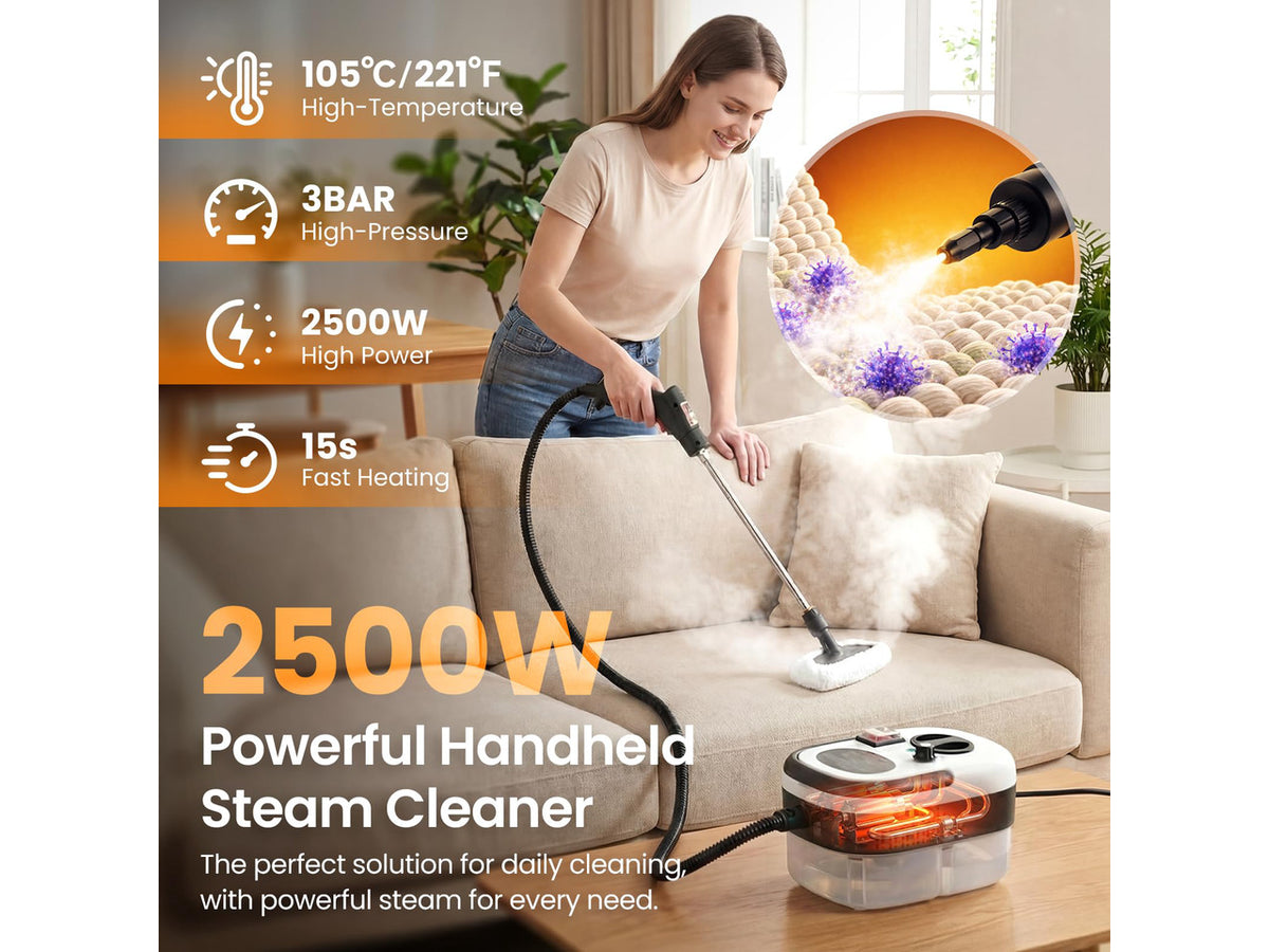 2500W Handheld Steam Cleaner for Home, 6-Level High Pressure Steam Gun, Steam Machine w/40.6oz Tank, Portable Car Steamer for Auto Detailing & Cleaning, Car, Floor, Furniture, Tile Grout, Wall