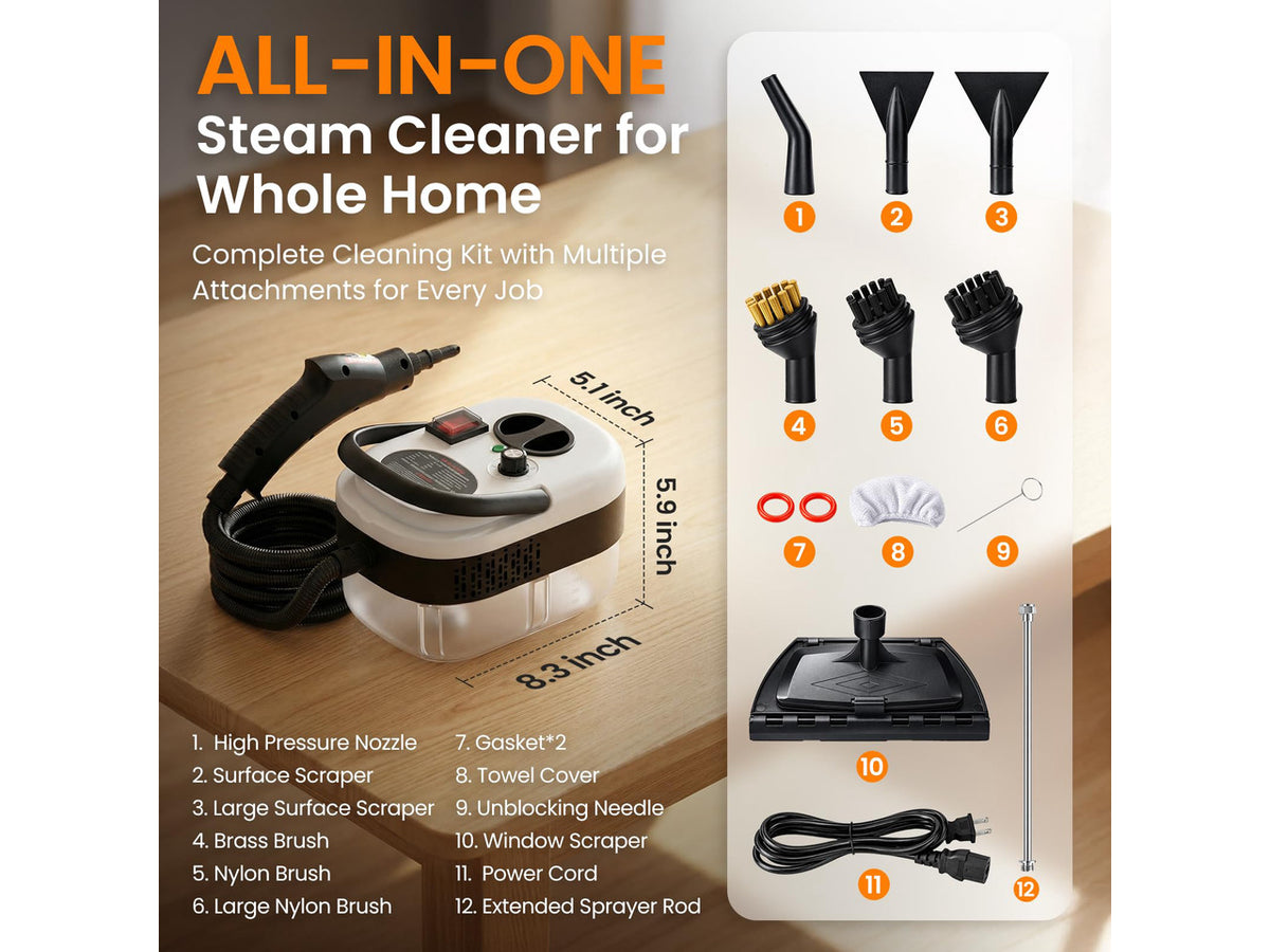 2500W Handheld Steam Cleaner for Home, 6-Level High Pressure Steam Gun, Steam Machine w/40.6oz Tank, Portable Car Steamer for Auto Detailing & Cleaning, Car, Floor, Furniture, Tile Grout, Wall