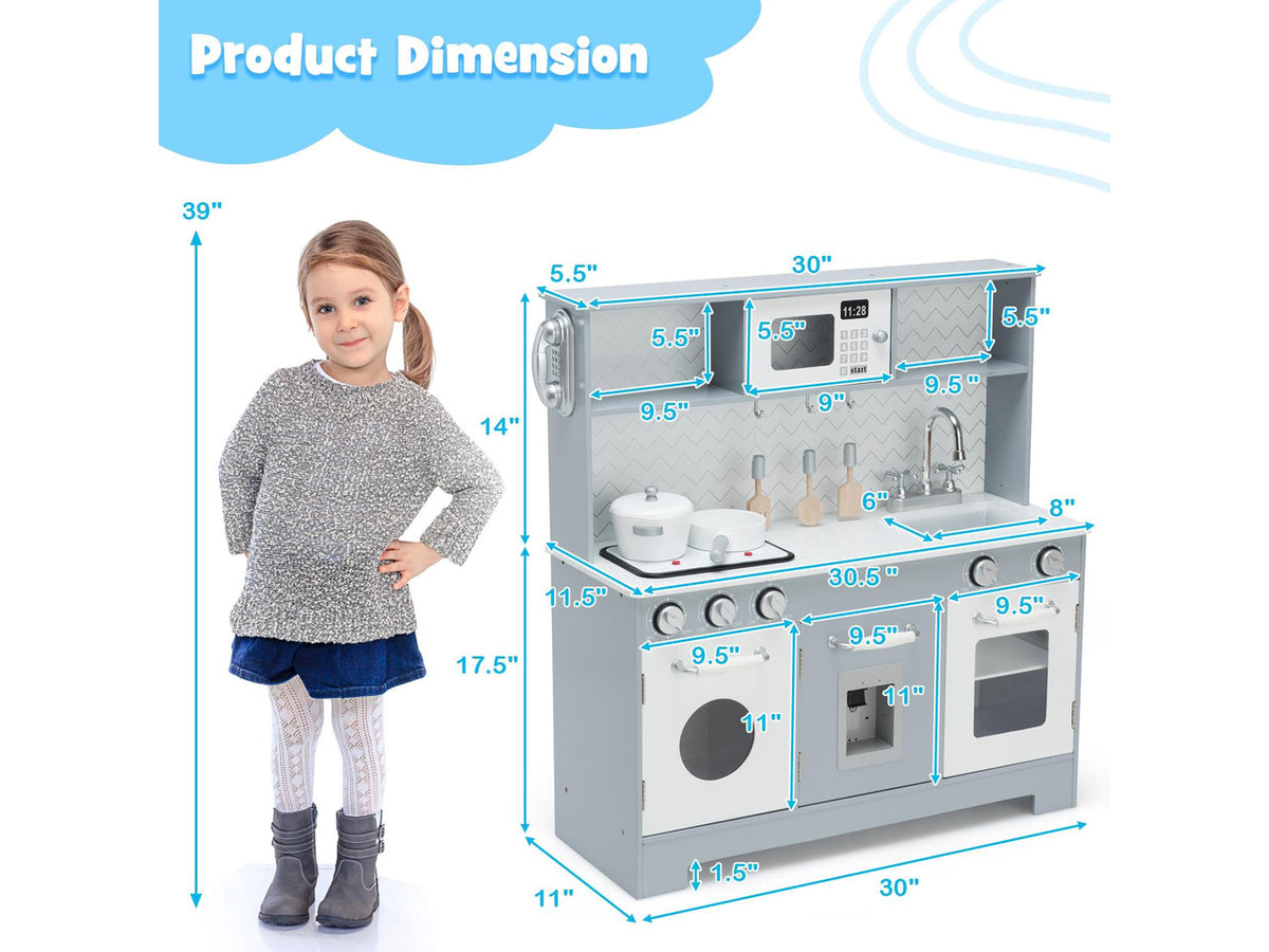 SlickBlue Pretend Play Kitchen Wooden Toy Set for Kids with Realistic Light and Sound